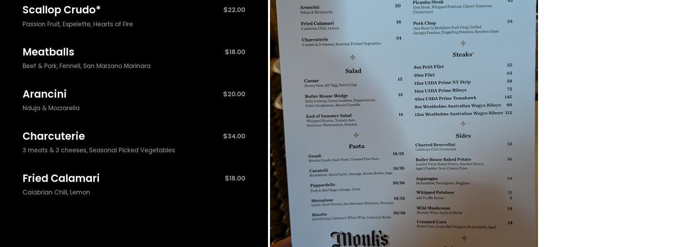 Monk's Road Boiler House Menu