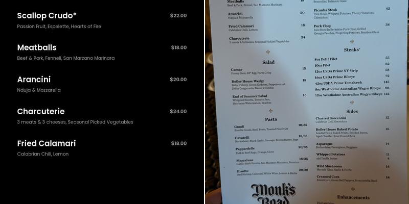 Monk's Road Boiler House Menu