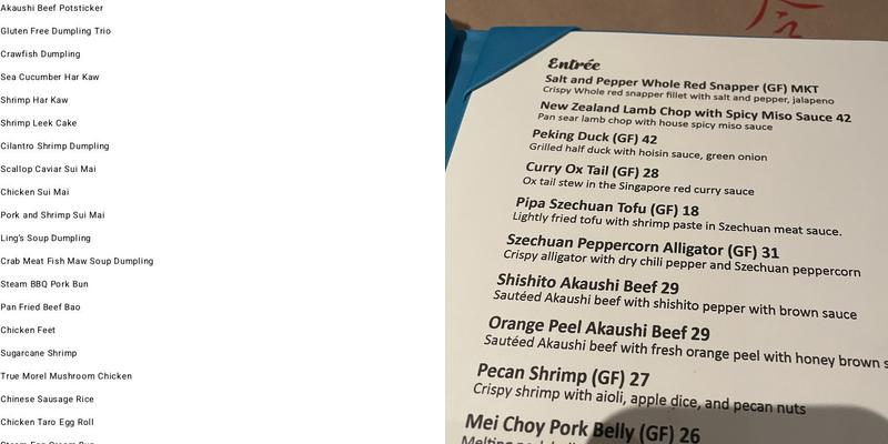 Ling Wu Asian Restaurant at The Grove Menu