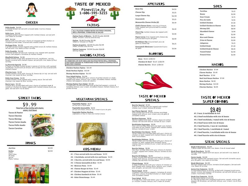 Taste Of Mexico Menu