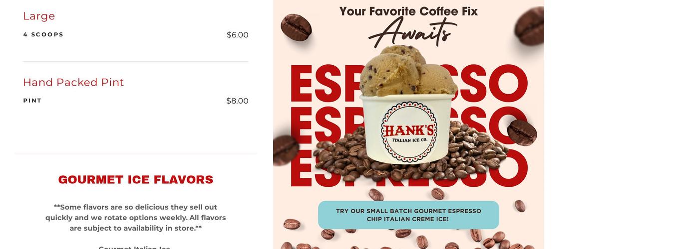 Hank's Italian Ice Co. Menu