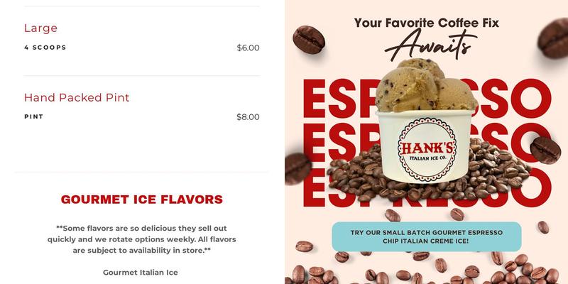 Hank's Italian Ice Co. Menu