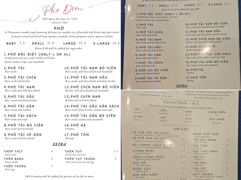 Pho Dien Katy Menu
