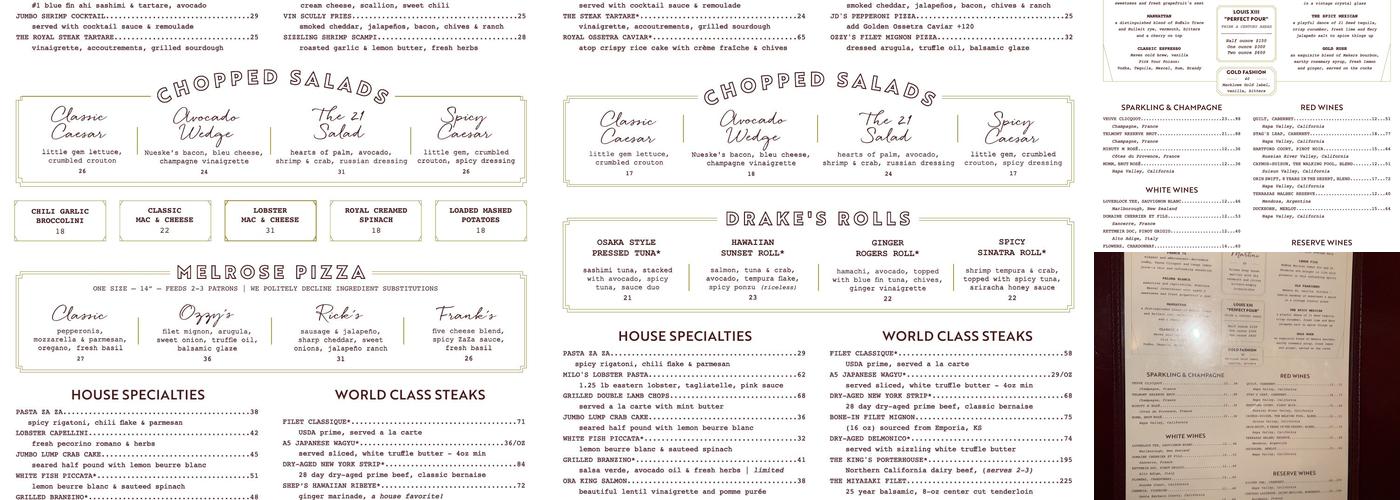 Drake's Hollywood Menu