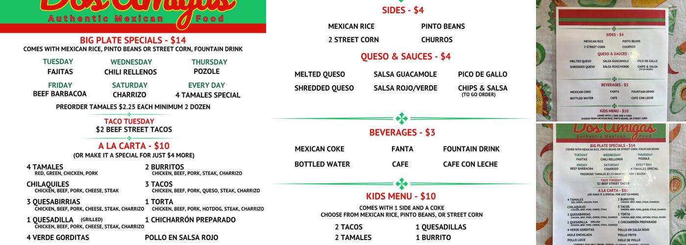 Dos Amigas Authentic Mexican Food Menu