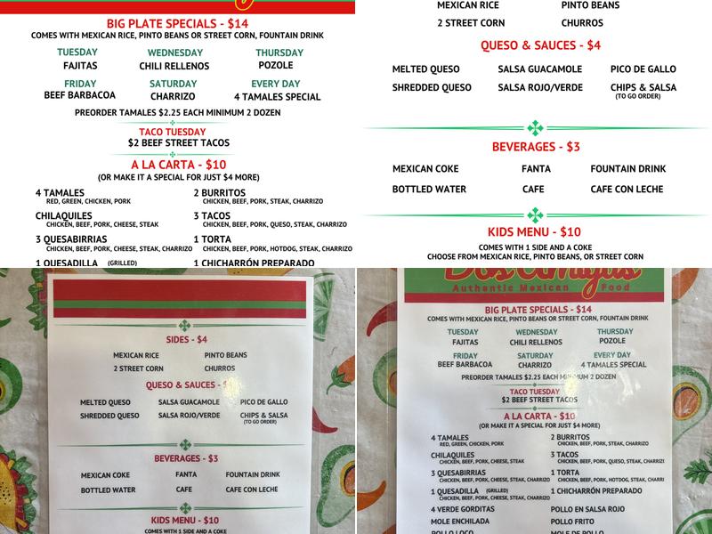 Dos Amigas Authentic Mexican Food Menu