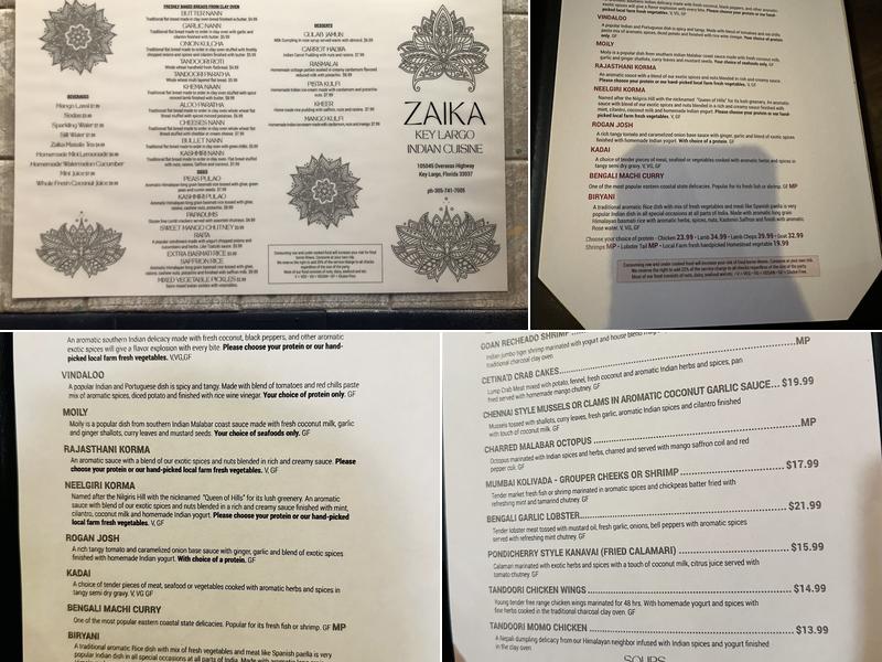 Zaika Key Largo Indian Cuisine Menu