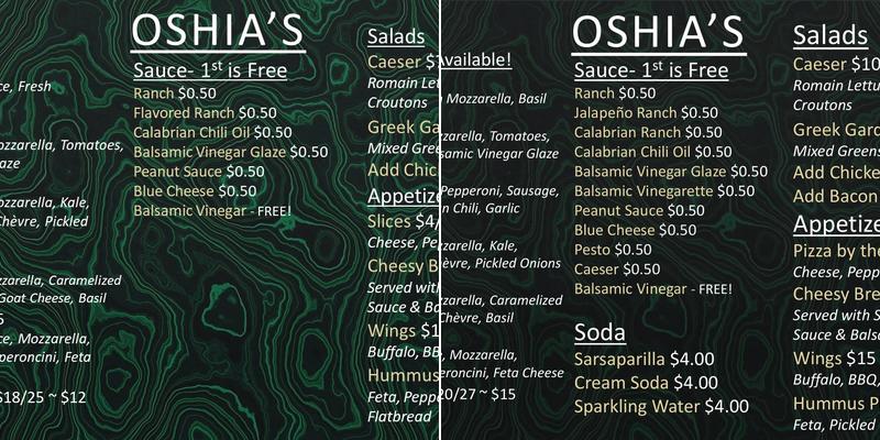 Oshia's Menu