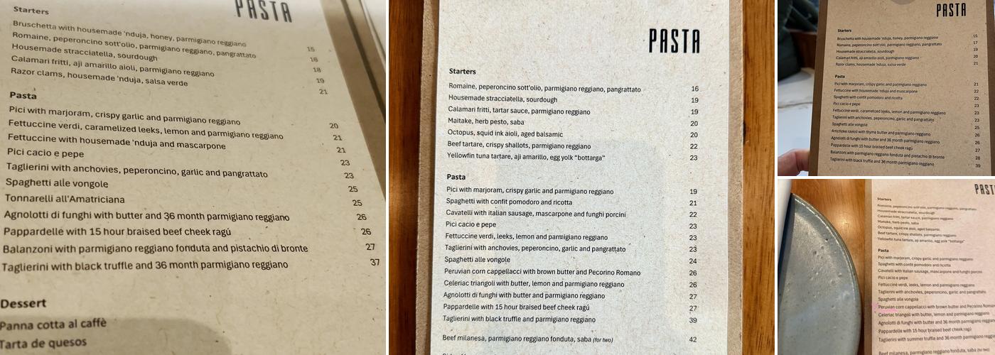 PASTA Menu