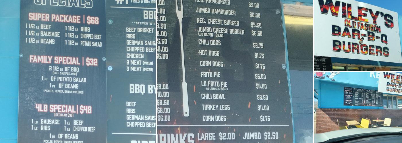 Wiley's Old Fashion BBQ and hamburgers Menu
