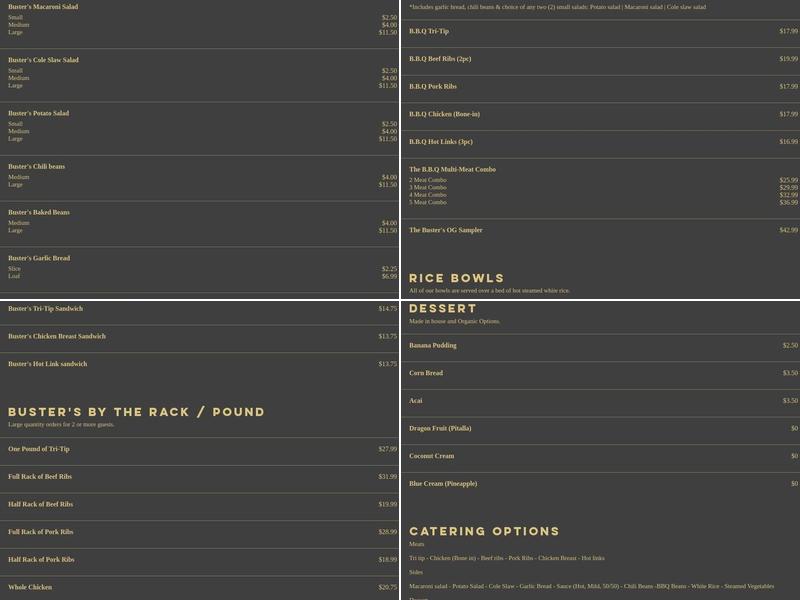 BUSTERS BBQ Menu