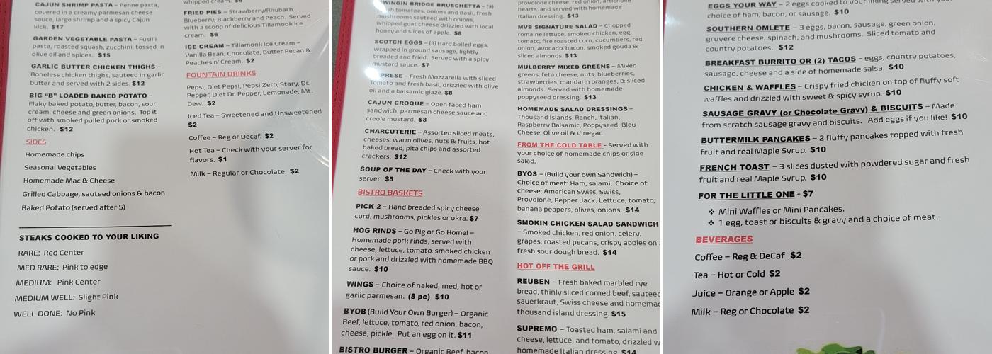 Oark Mountain View Bistro Menu