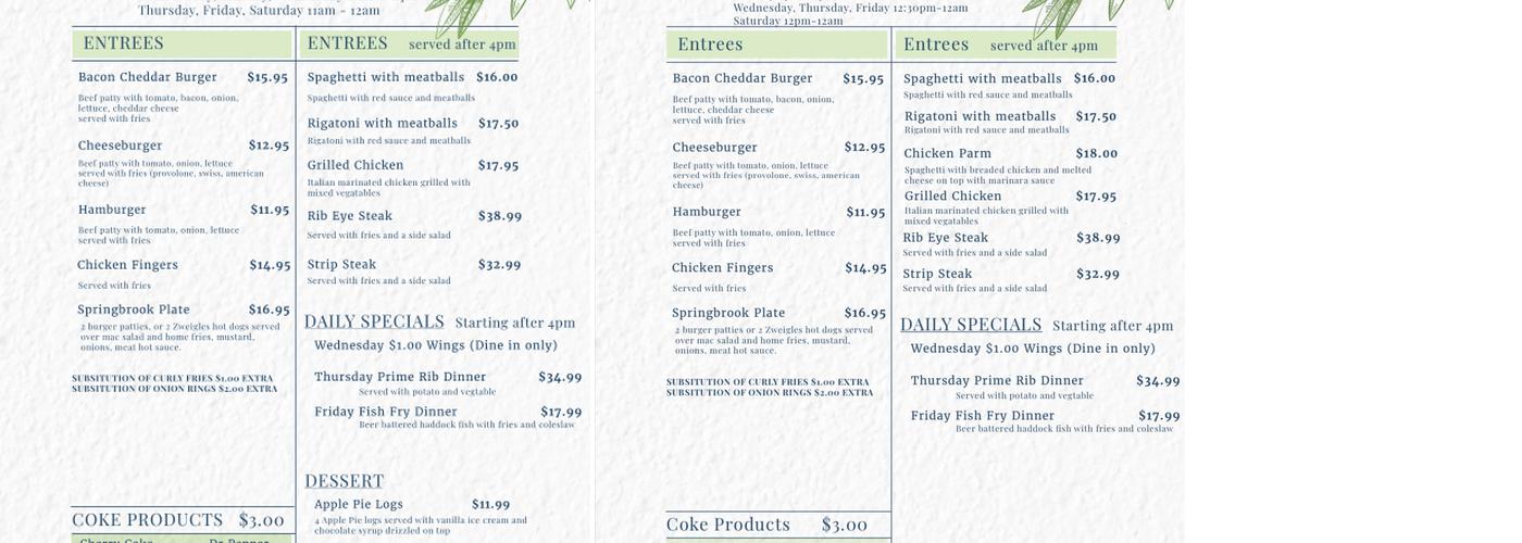 Springbrook Tavern Menu