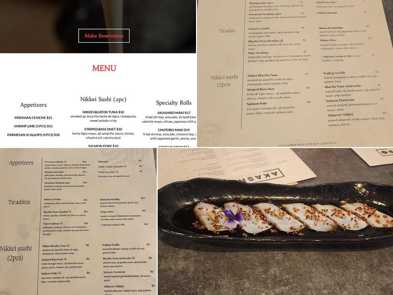 Akashiro Nikkei Sushi Peruvian / Japanese Menu