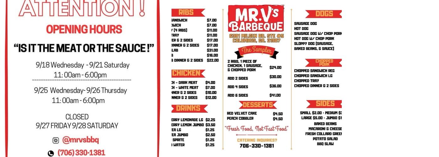 Mr V's BBQ Menu