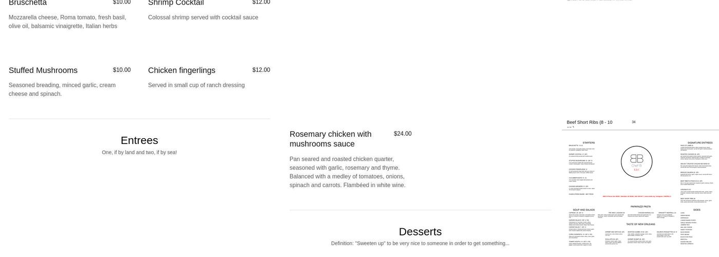 Chef B., LLC. Menu