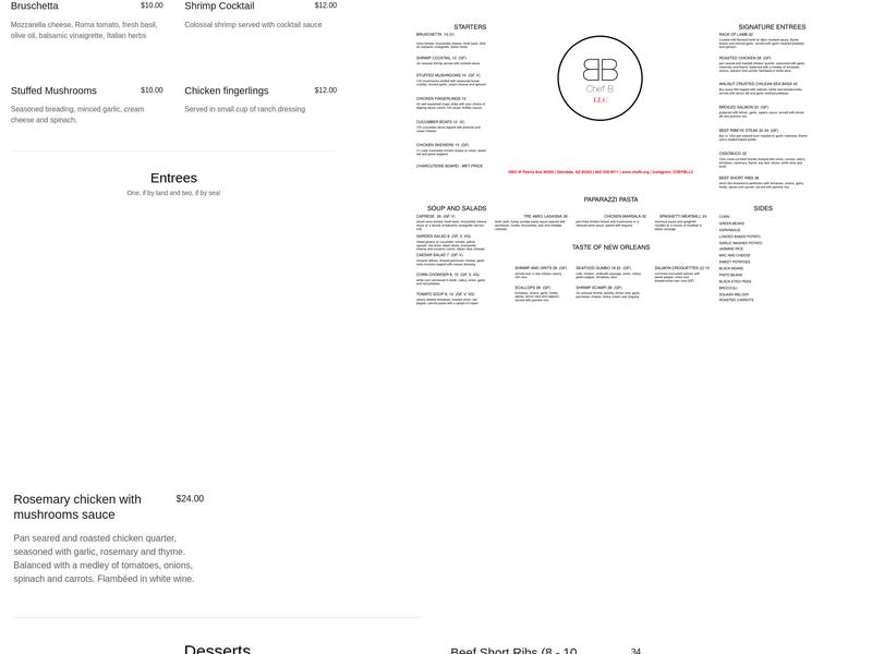 Chef B., LLC. Menu