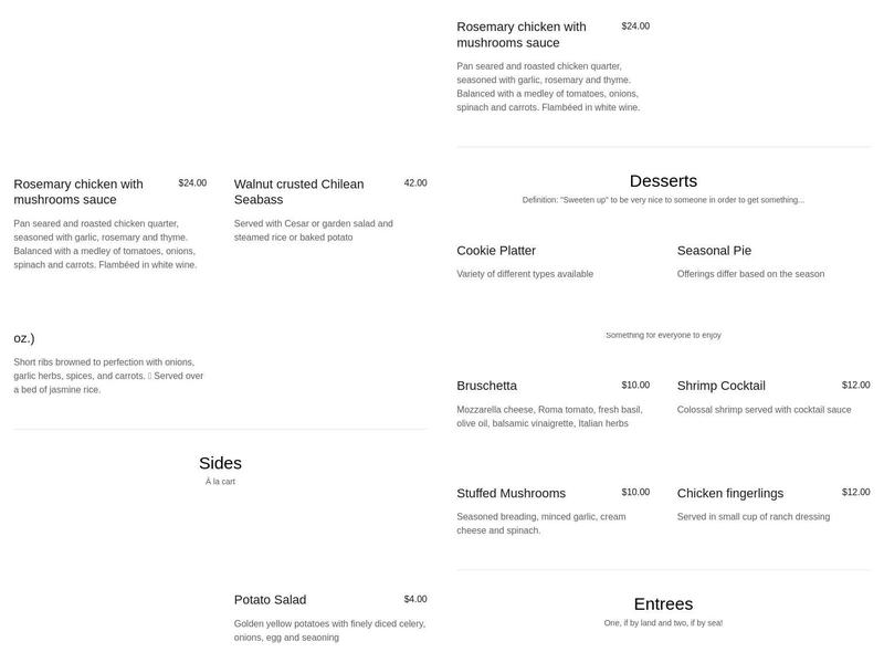 Chef B., LLC. Menu