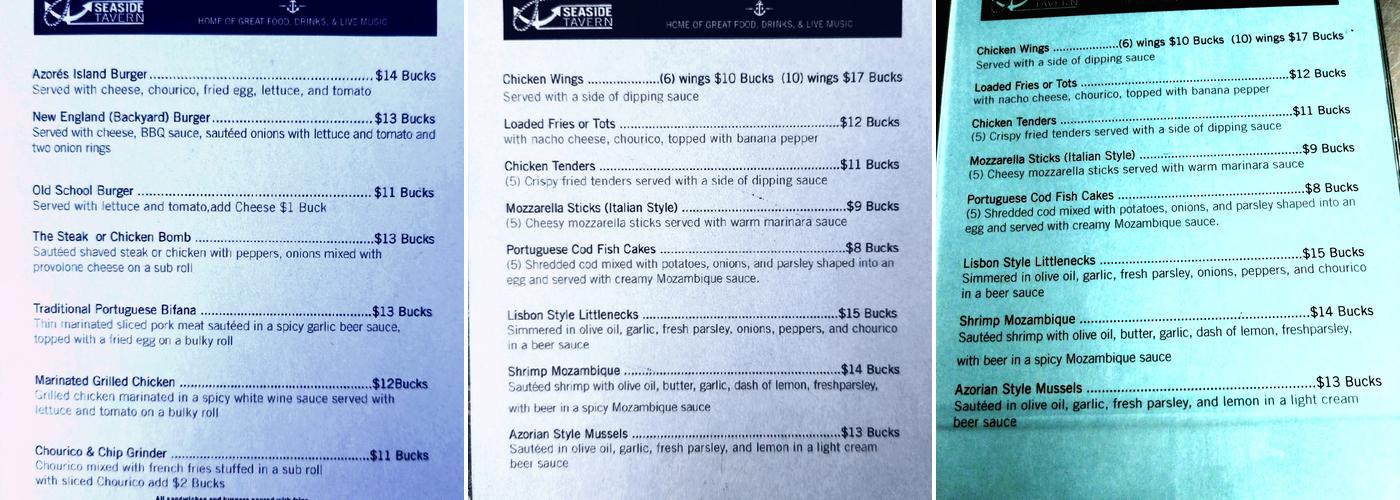 Jr's Seaside Tavern Menu