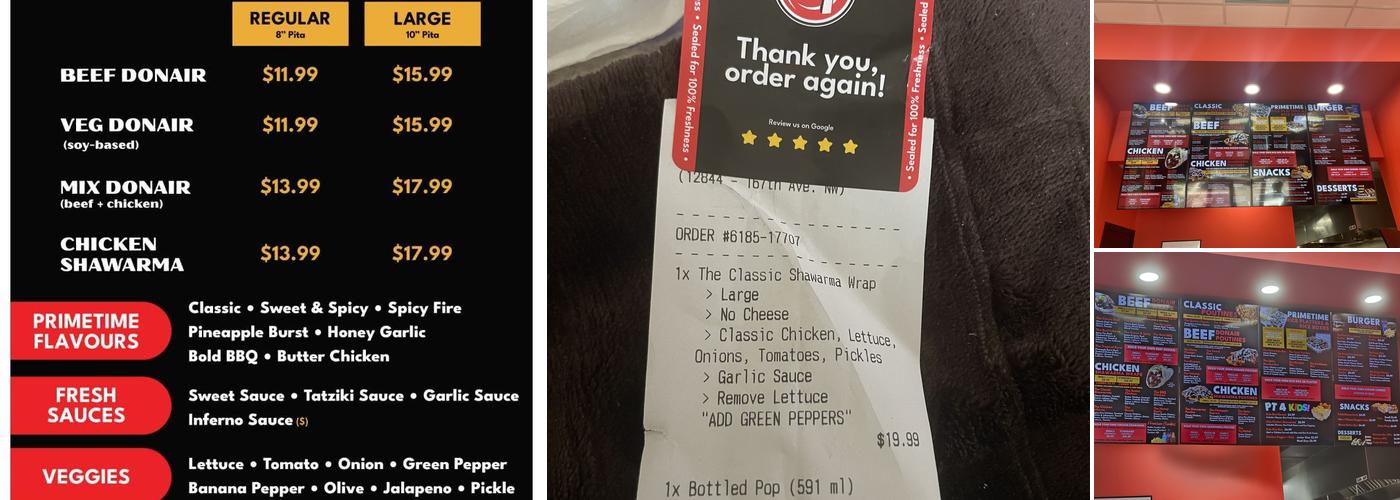 PrimeTime Donair & Poutine Menu