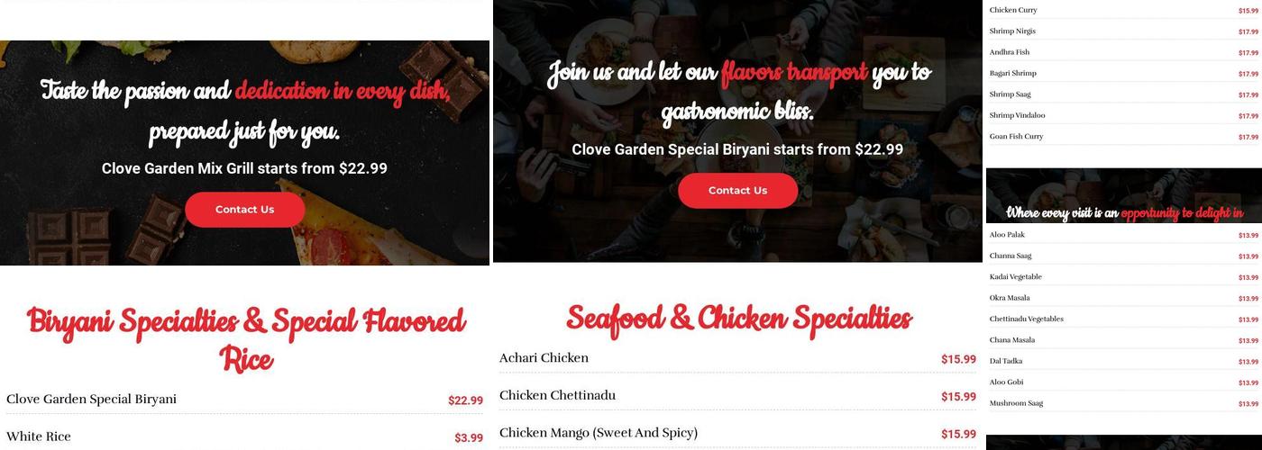 Clove Garden Indian Restaurant Menu