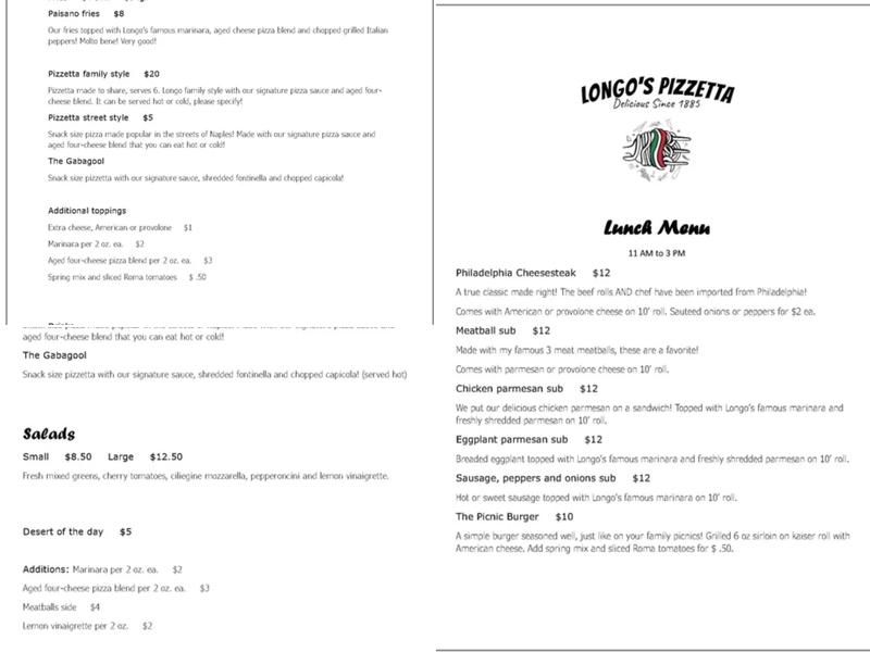 Longo's Pizzetta Menu