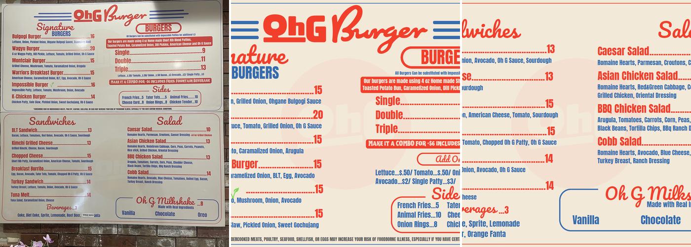 Oh G Burger Menu