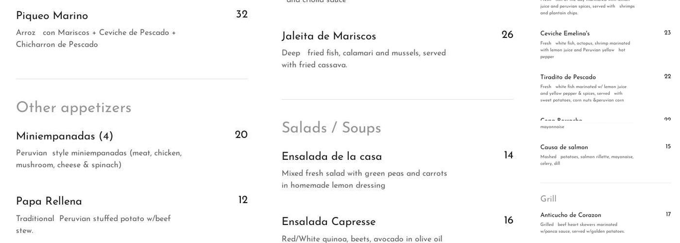 Emelina’s Peruvian Restaurant Menu