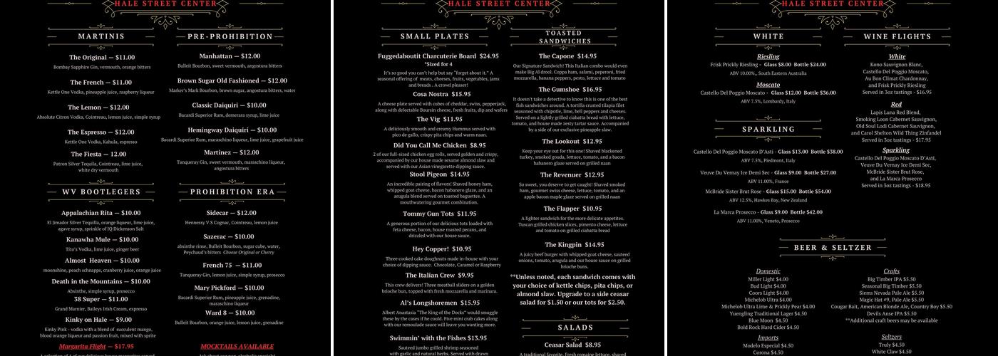 The Volstead Room of the Hale Street Center Menu