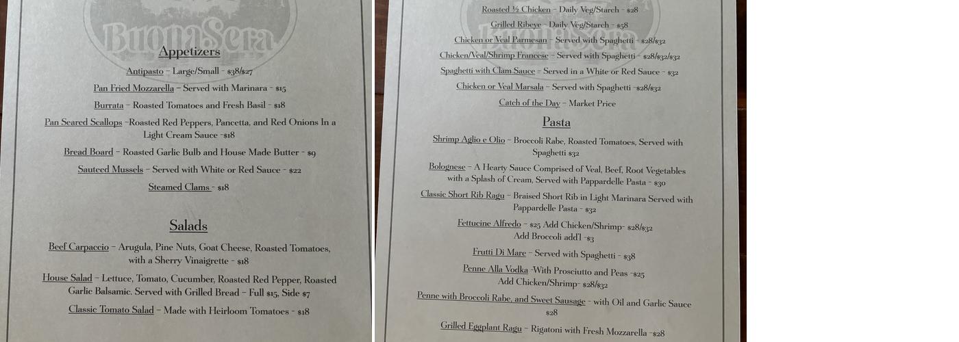 Buonasera Menu