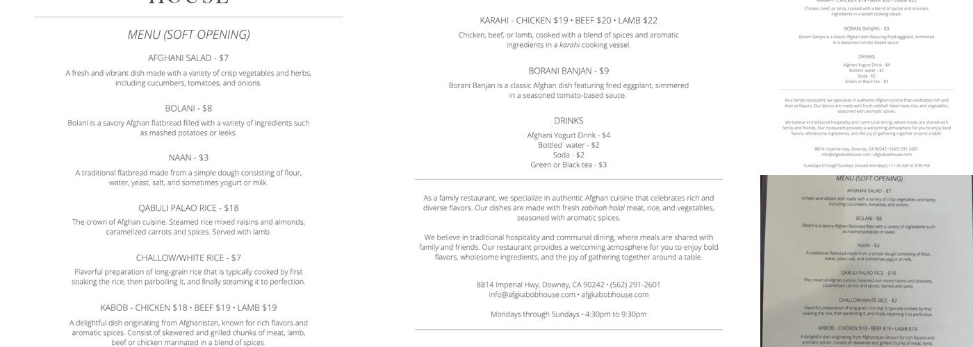 AFGHAN KABOB HOUSE Menu