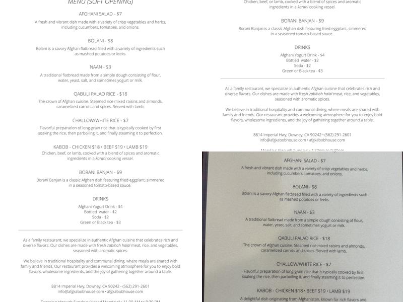 AFGHAN KABOB HOUSE Menu