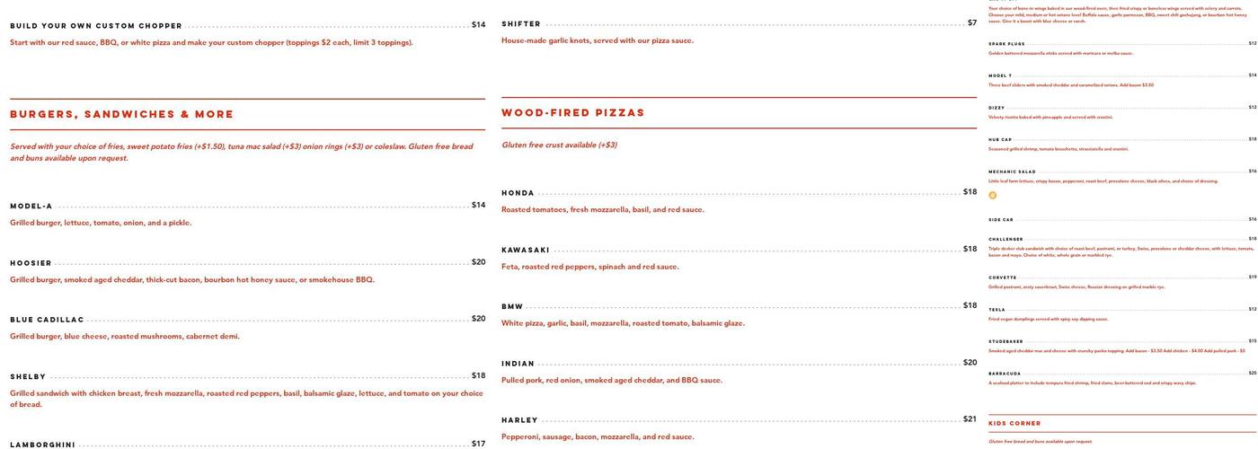 Uncle Mario's Garage Menu