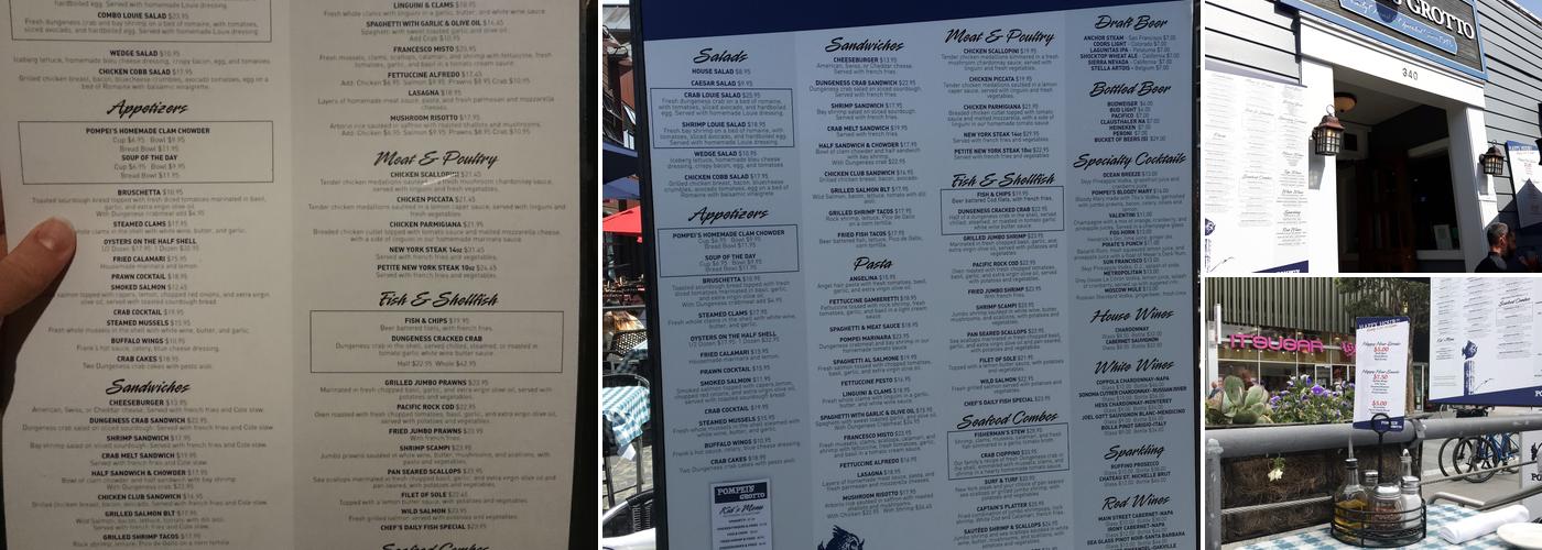 Pompei's Grotto Menu