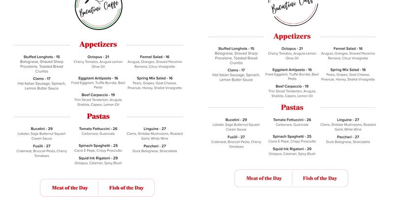 Bucatini Caffè Menu