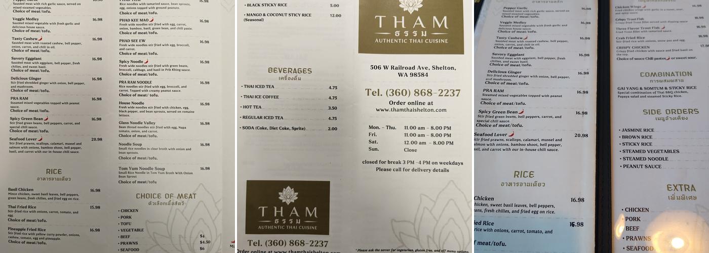 Tham Authentic Thai Cuisine Menu