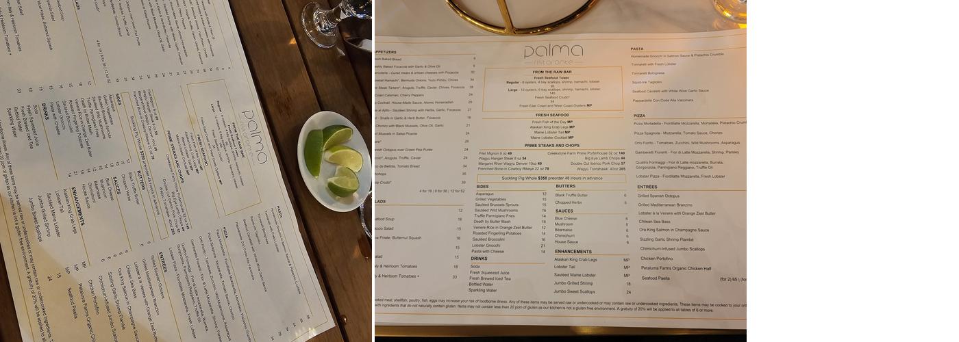 Palma Ristorante Menu