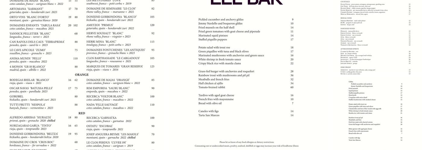 Eel Bar Menu