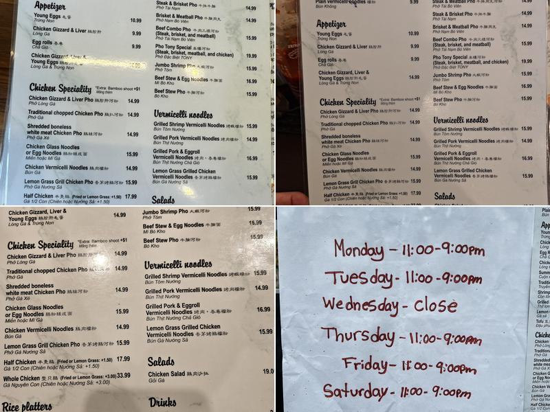 Phở Gà Vàng Menu