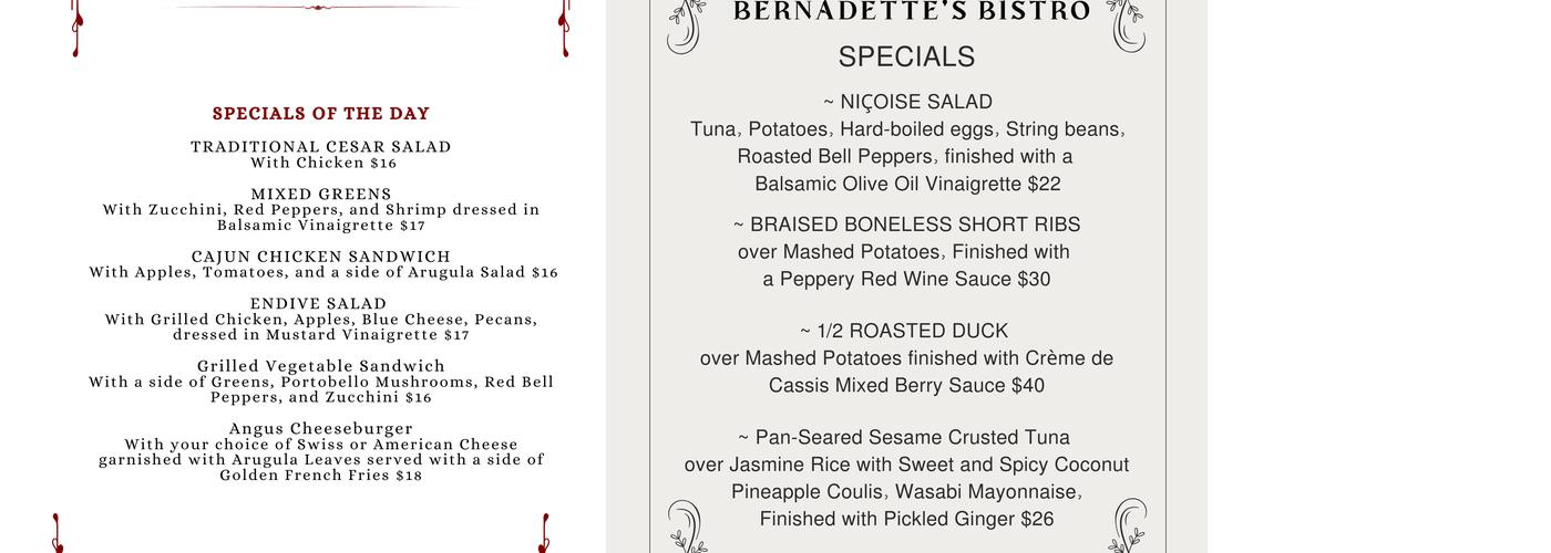 Bernadette's Bistro Menu