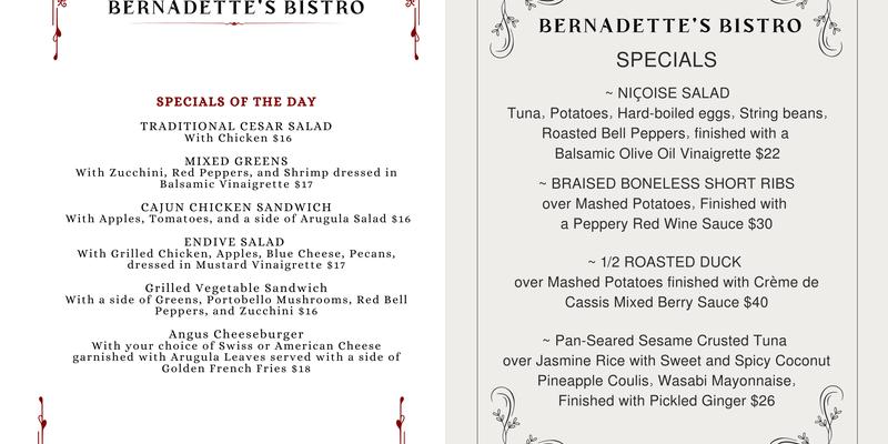 Bernadette's Bistro Menu