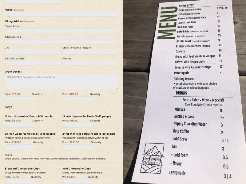 Sea to Summit Charcuterie Co Menu