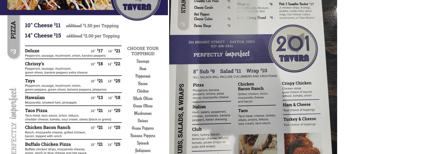 201 Tavern Menu
