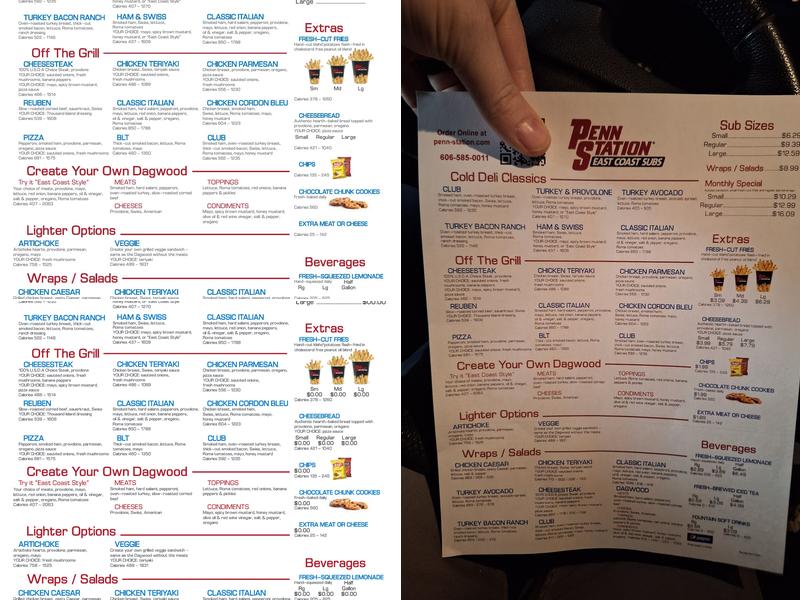 Penn Station East Coast Subs Menu