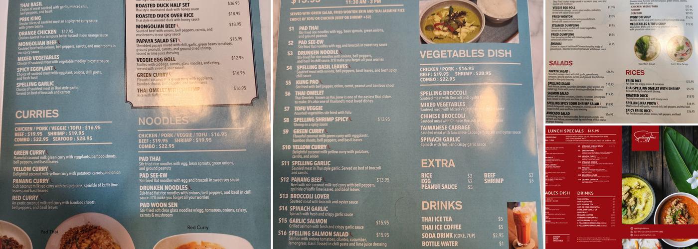 Spelling Thai Bistro Menu
