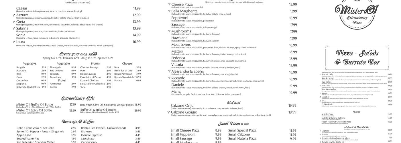 Mister O1 Extraordinary Pizza - Boynton Beach Menu
