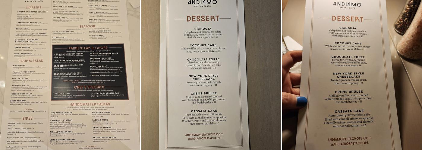 Andiamo Pasta + Chops Menu