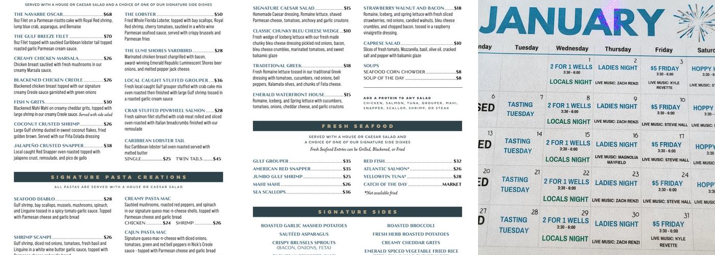 Emerald Waterfront Bar and Grill Menu