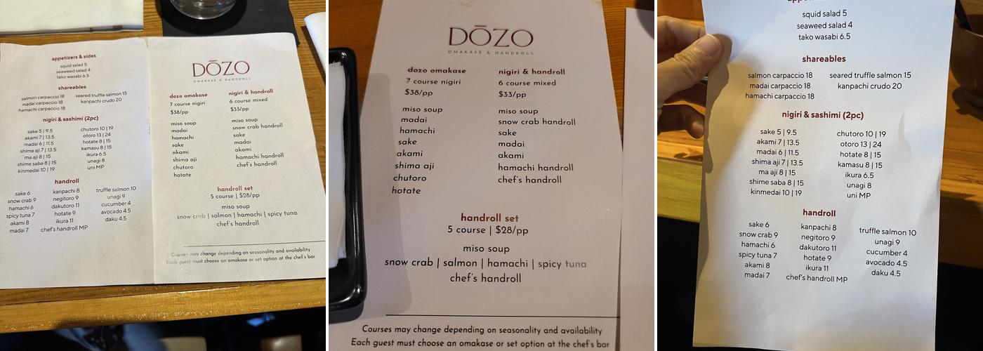 Dozo Omakase & Handroll Bar Menu