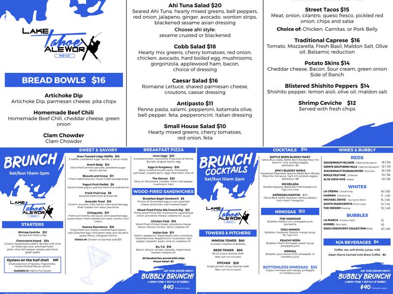 Lake Tahoe AleWorX Reno Menu